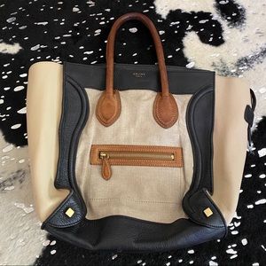 Celine Natural Canvas and Leather Luggage Tote Bag